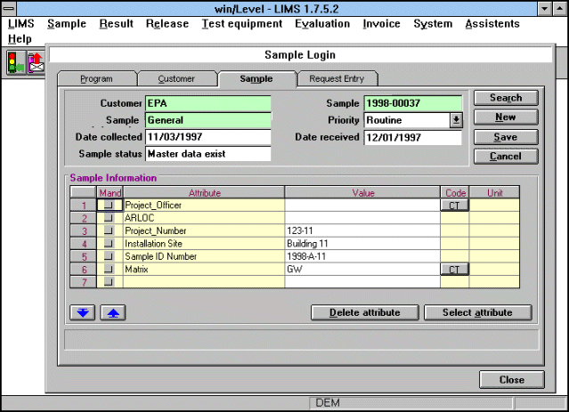 win/Level-LIMS Sample-Entry